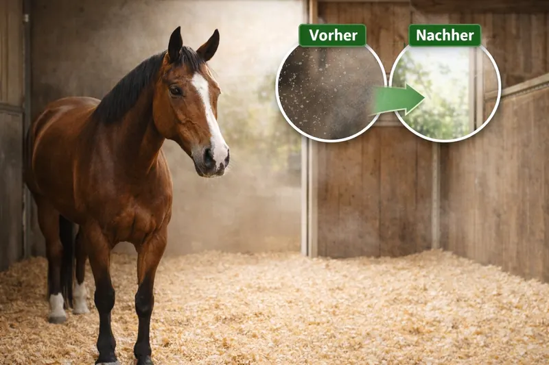 Pferd in der Box mit Vorher-Nachher-Vergleich der Einstreu